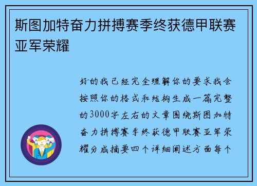 斯图加特奋力拼搏赛季终获德甲联赛亚军荣耀